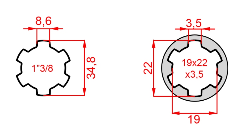 KARDANSKI NASTAVEK iz 19x22x3,5 (10 zob) na 1-3/8 (120 mm)