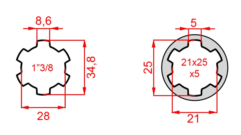 ADAPTATEUR CARDAN DE 21x25x5 (6 CANNELURES) À 1-3/8 (140 mm)