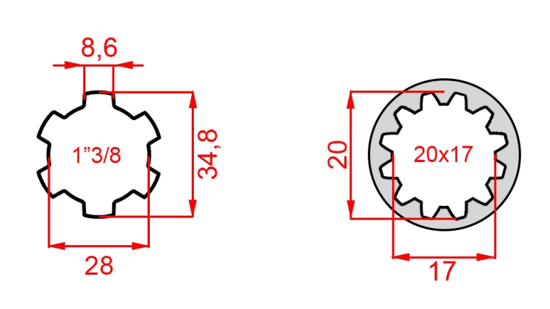 ADAPTATEUR CARDAN DE 20x17 (12 CANNELURES) À 1-3/8 (120 mm)