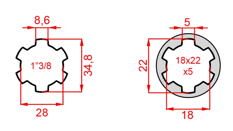 ZAPFWELLENADAPTER VON 18x22x5 (6 VERZAHNUNGEN) AUF 1-3/8 (120 mm)