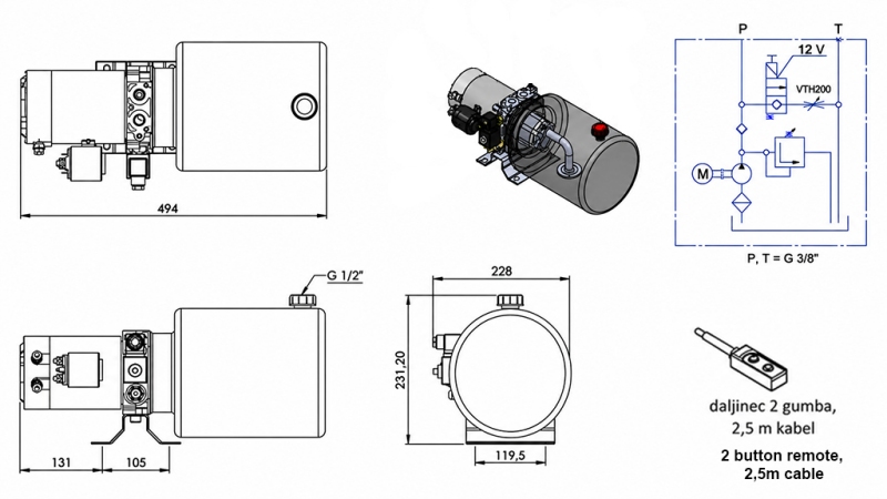 MINI CENTRALE HYDRAULIQUE 12V DC - 1.6kW = 2.1cc - 8 litres - unité monophasée (métal)