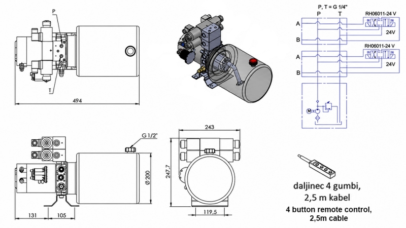 MINI HYDRAULIKAGGREGAT 24V DC - 2,2kW = 2,1cc - 8 lit - 2x Doppelwirkende Funktion (Metallgehäuse)
