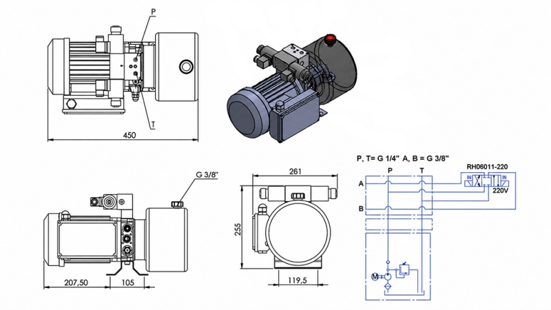 MINI CENTRALE HYDRAULIQUE 230V AC (0.75 kW) - 3.7 cc - 5.2 lit/min - réservoir 4 lit