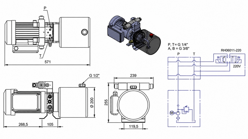 MINI HYDRAULIKAGGREGAT 230V AC (1,5 kW) - 5,8 cc - 8,2 lit/min - tank 6 lit