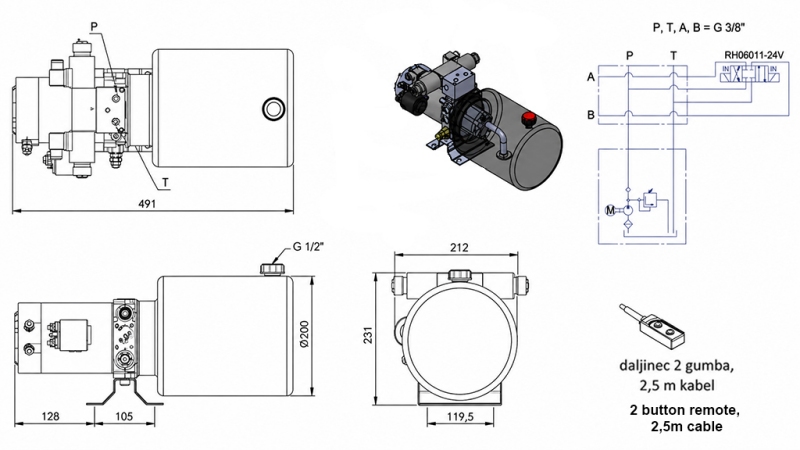 MINI CENTRALE HYDRAULIQUE 24V DC - 2.2kW = 2.1cc - 8 lit - unité bidirectionnelle (métal)