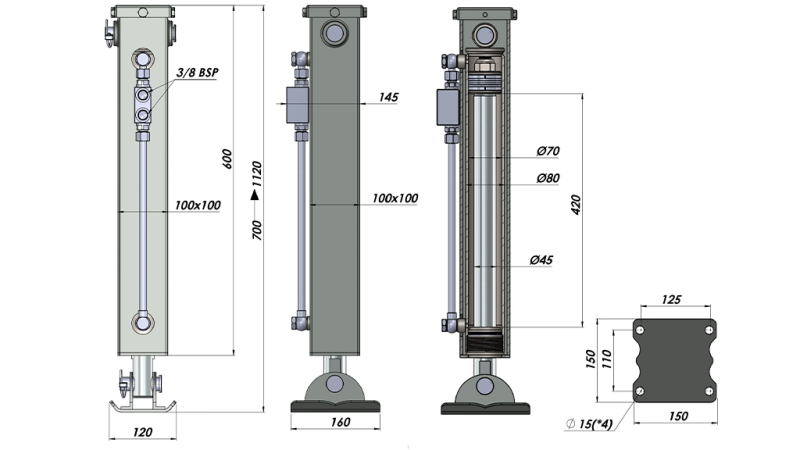 DOPPELTWIRKENDER HYDRAULISCHER STÜTZBEIN (100x100x700 mm) - HUB 420 mm - 5.000 kg