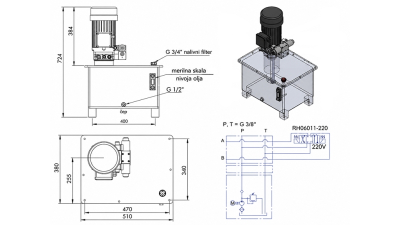 MINI HYDRAULIKAGGREGAT 380V AC (4 kW) - 8 cc - 12 lit/min - TANK 40 lit