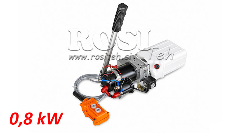 UNITÉ HYDRAULIQUE MINI 12V CC - 0.8KW = 0.5CC - 1.5 LITRES - ASSEMBLAGE À ACTION UNIQUE (PVC) AVEC POMPE MANUELLE