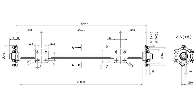 ACHSE FÜR ANHÄNGER 3300 kg OHNE BREMSEN (1500 mm)