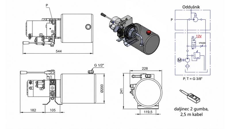 MINI HYDRAULIKAGGREGAT 12V DC - 1,6kW = 2,1cc - 8 lit - Einfachwirkende Funktion MIT HANDPUMPE