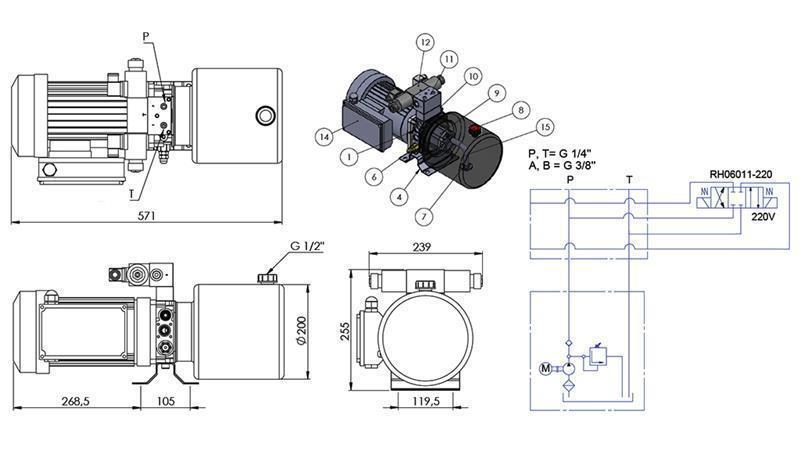 MINI HYDRAULINEN YHDISTELMÄ 230V AC (1.5 kW) - 5.8 cc - 8.2 lit/min - säiliö 6 lit