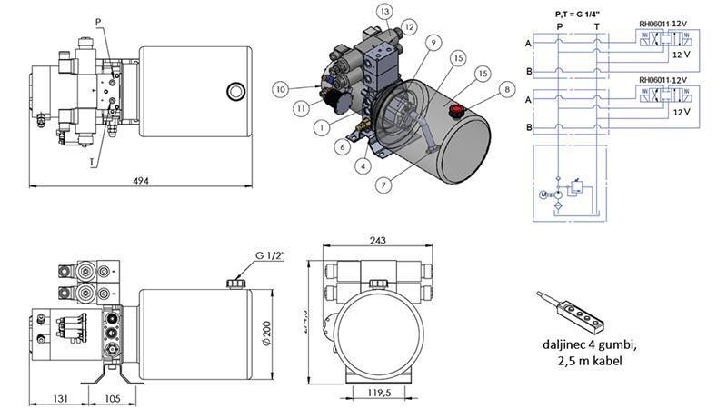 MINI HYDRAULIKAGGREGAT 12V DC - 1.6kW = 2.1cc - 8 lit - 2x bidirektionale Einheit (Metall)