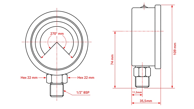 MANOMETER DN100 VERTICAL 0 - 60 BAR - 1/2