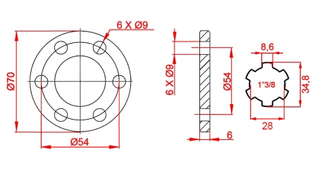 ADAPTATEUR CARDAN AVEC BRIDE 6 TROUS 1-3/8 (90 mm)
