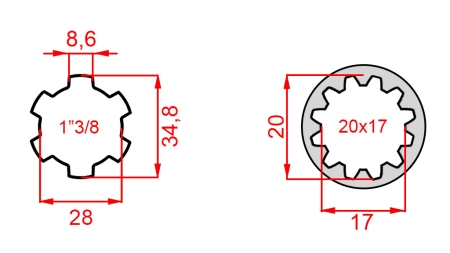 ADAPTATEUR CARDAN DE 20x17 (12 CANNELURES) À 1-3/8 (120 mm)