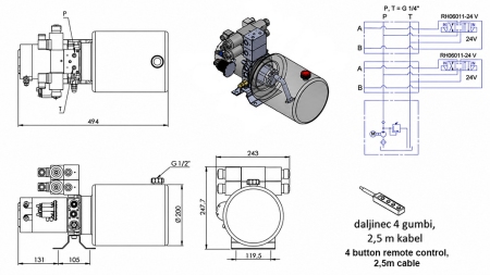 MINI HYDRAULIKAGGREGAT 24V DC - 2,2kW = 2,1cc - 8 lit - 2x Doppelwirkende Funktion (Metallgehäuse)