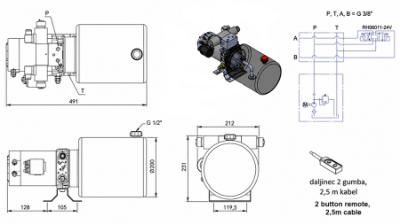 MINI CENTRALE HYDRAULIQUE 24V DC - 2.2kW = 2.1cc - 8 lit - unité bidirectionnelle (métal)