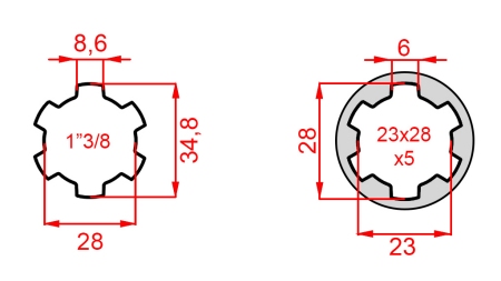 ADAPTATEUR CARDAN DE 23x28x6 (6 CANNELURES) À 1-3/8 (140 mm)