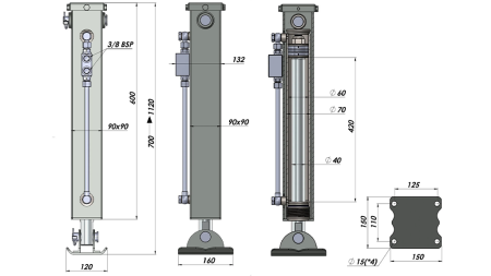 DOPPELTWIRKENDER HYDRAULISCHER STÜTZBEIN (90x90x700 mm) - HUB 420 mm - 2.500 kg