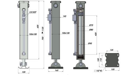 DOPPELTWIRKENDER HYDRAULISCHER STÜTZBEIN (100x100x700 mm) - HUB 420 mm - 5.000 kg