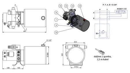 MINI HYDRAULIKAGGREGAT 12V DC - 1.6kW = 2.1cc - 8 lit - doppelte Richtungseinheit (Metall)