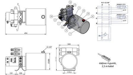 MINI HYDRAULIKAGGREGAT 12V DC - 1.6kW = 2.1cc - 8 lit - 2x bidirektionale Einheit (Metall)
