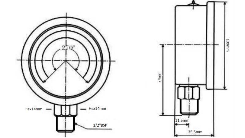 MANOMETER DN100 VERTIKAL 0 - 60 BAR - 1/2-DIMENSIONEN