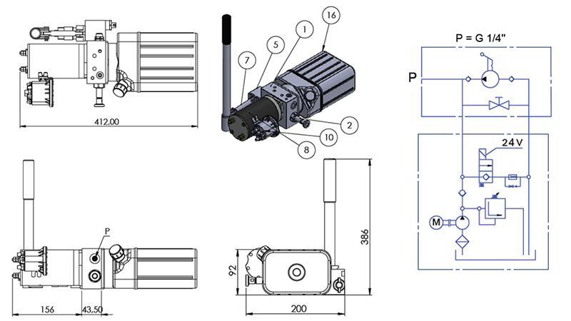 MINI HYDRAULIKAGGREGAT 24V DC - 0.8kW = 0.5cc - 1.5 lit - einphasige Einheit (PVC) mit Handpumpe
